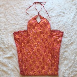 Pink & Yellow Beaded Keyhole Formal Prom Dress, XS